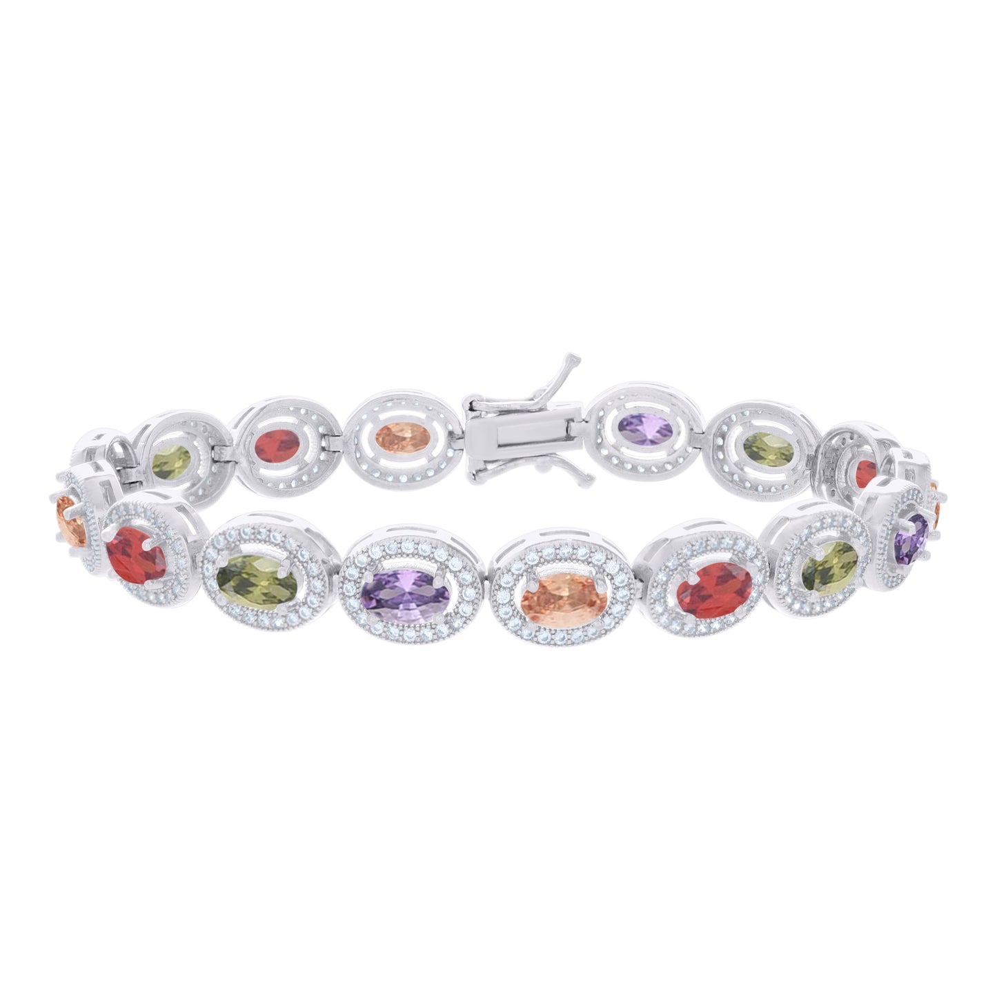 Sterling Silver Womens Multi-Color White Oval Round Cubic-Zirconia Oval Fashion Link Bracelet 7
