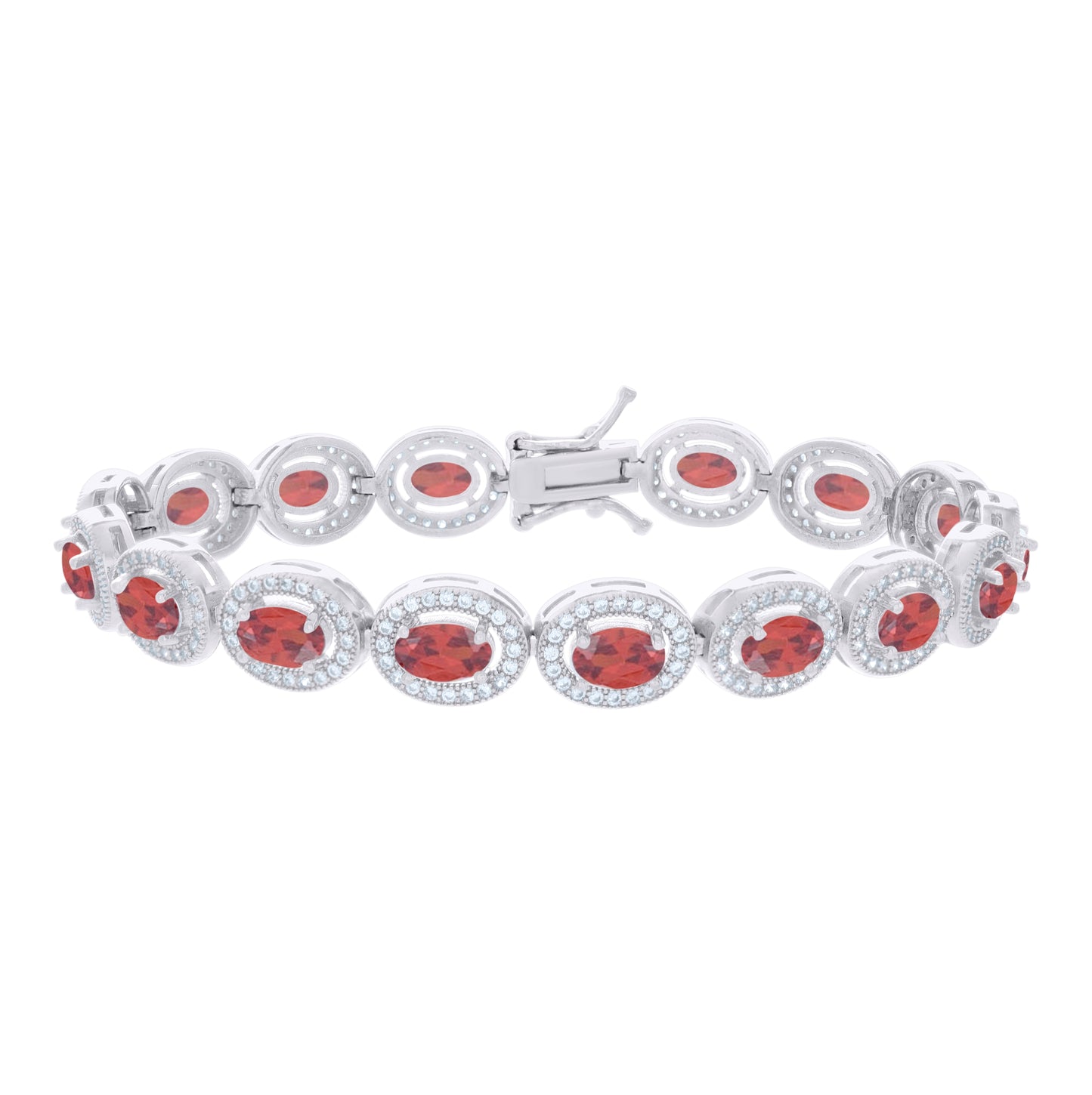 Sterling Silver Womens Red White Oval Round Cubic-Zirconia Oval Fashion Link Bracelet 7