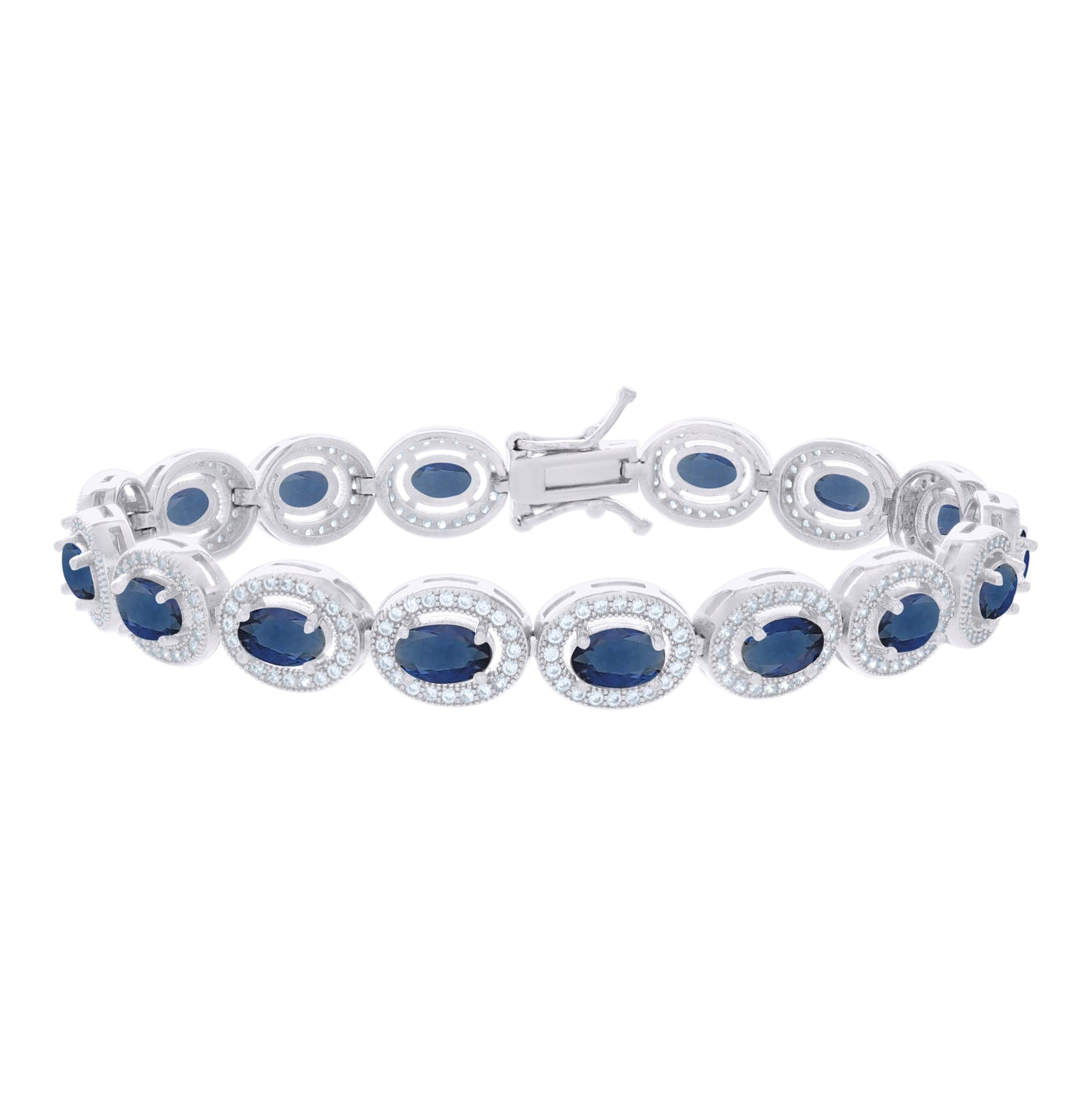 Sterling Silver Womens Blue White Oval Round Cubic-Zirconia Oval Fashion Link Bracelet 7