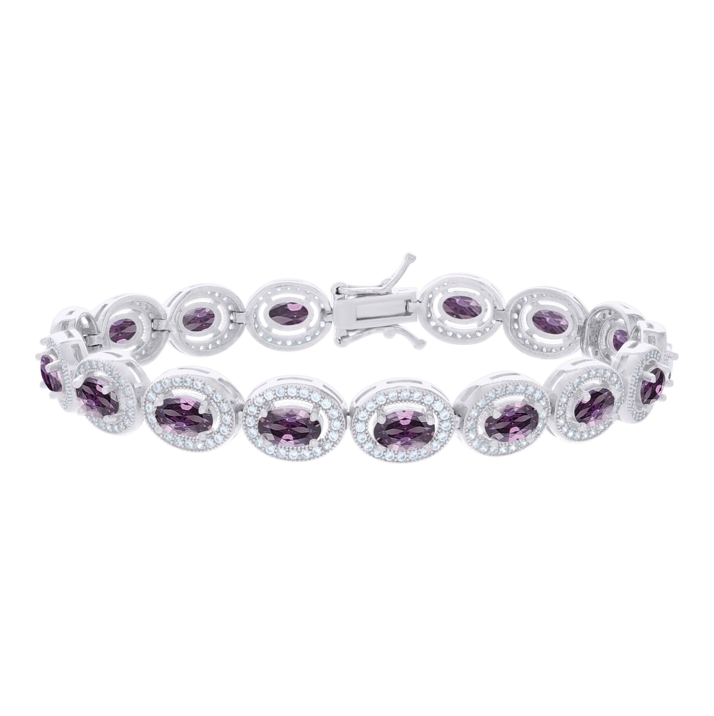 Sterling Silver Womens Purple White Oval Round Cubic-Zirconia Oval Fashion Link Bracelet 7