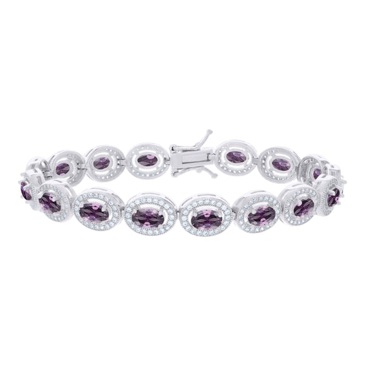 Sterling Silver Womens Purple White Oval Round Cubic-Zirconia Oval Fashion Link Bracelet 7