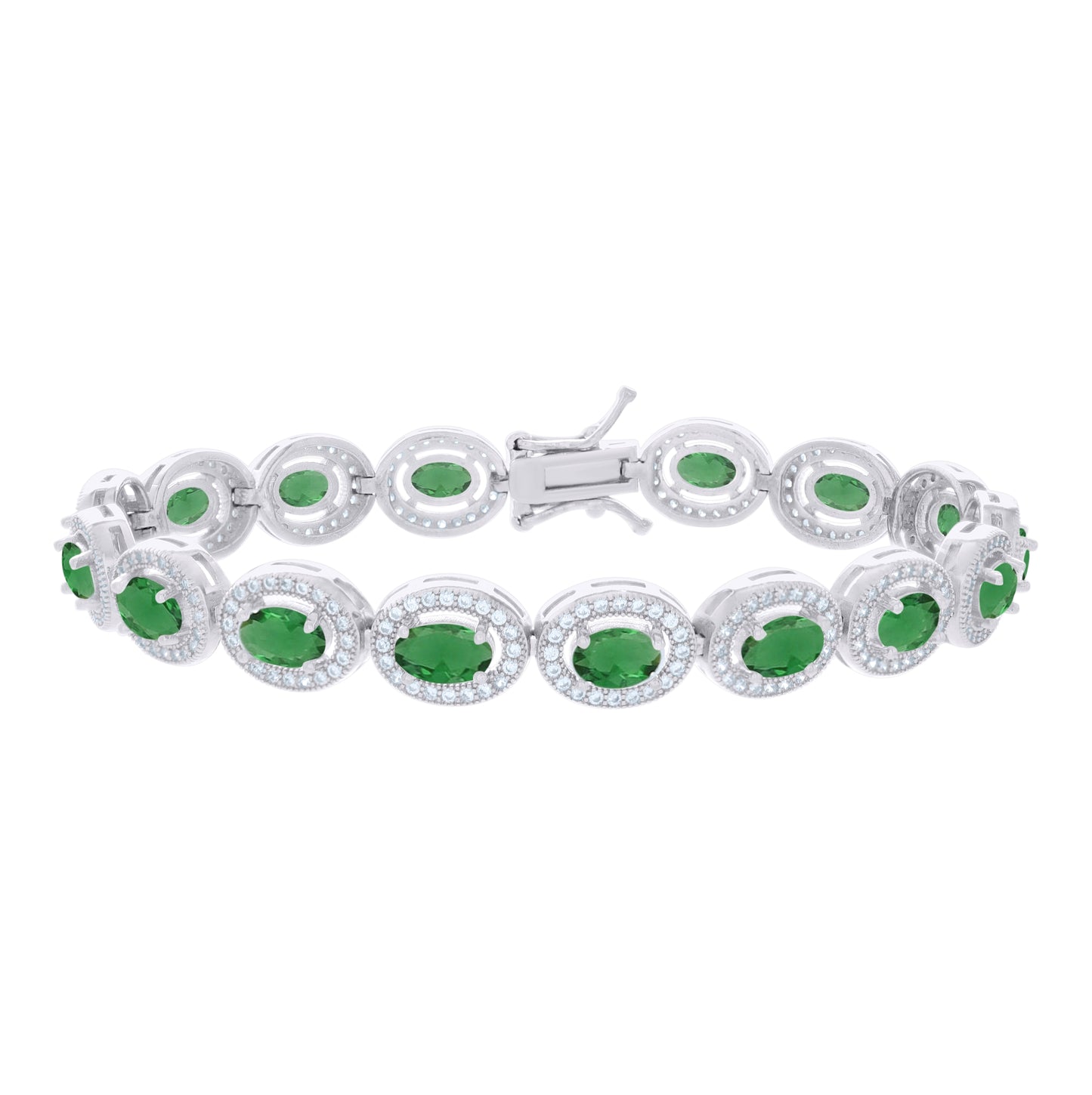 Sterling Silver Womens Green White Oval Round Cubic-Zirconia Oval Fashion Link Bracelet 7