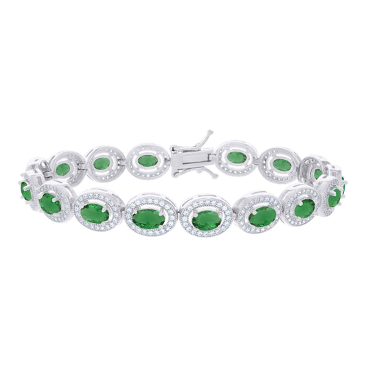Sterling Silver Womens Green White Oval Round Cubic-Zirconia Oval Fashion Link Bracelet 7