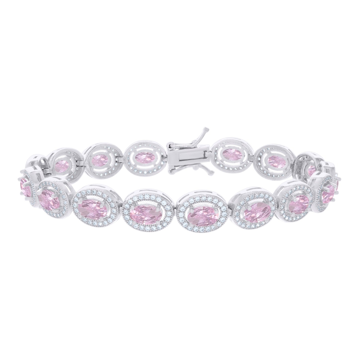 Sterling Silver Womens Light Pink White Oval Round Cubic-Zirconia Oval Fashion Link Bracelet 7
