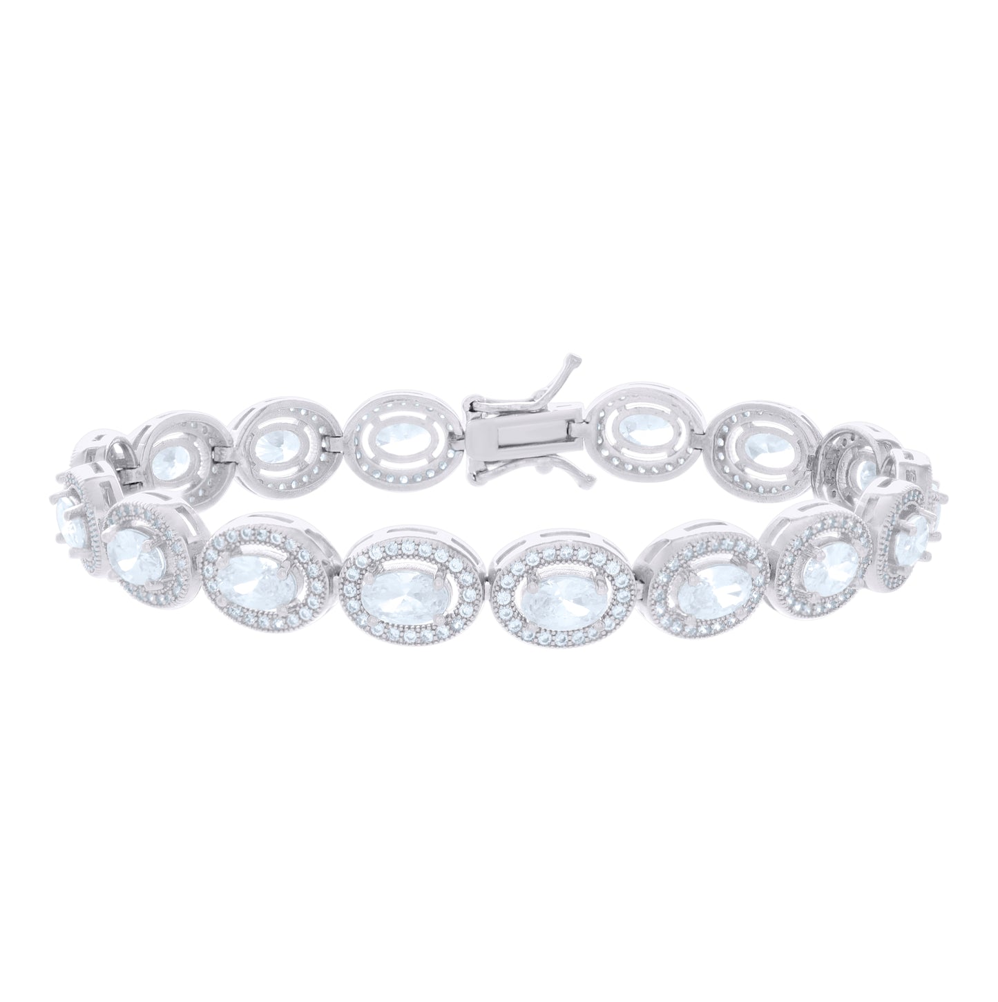 Sterling Silver Womens Oval Round Cubic-Zirconia Oval Fashion Link Bracelet 7