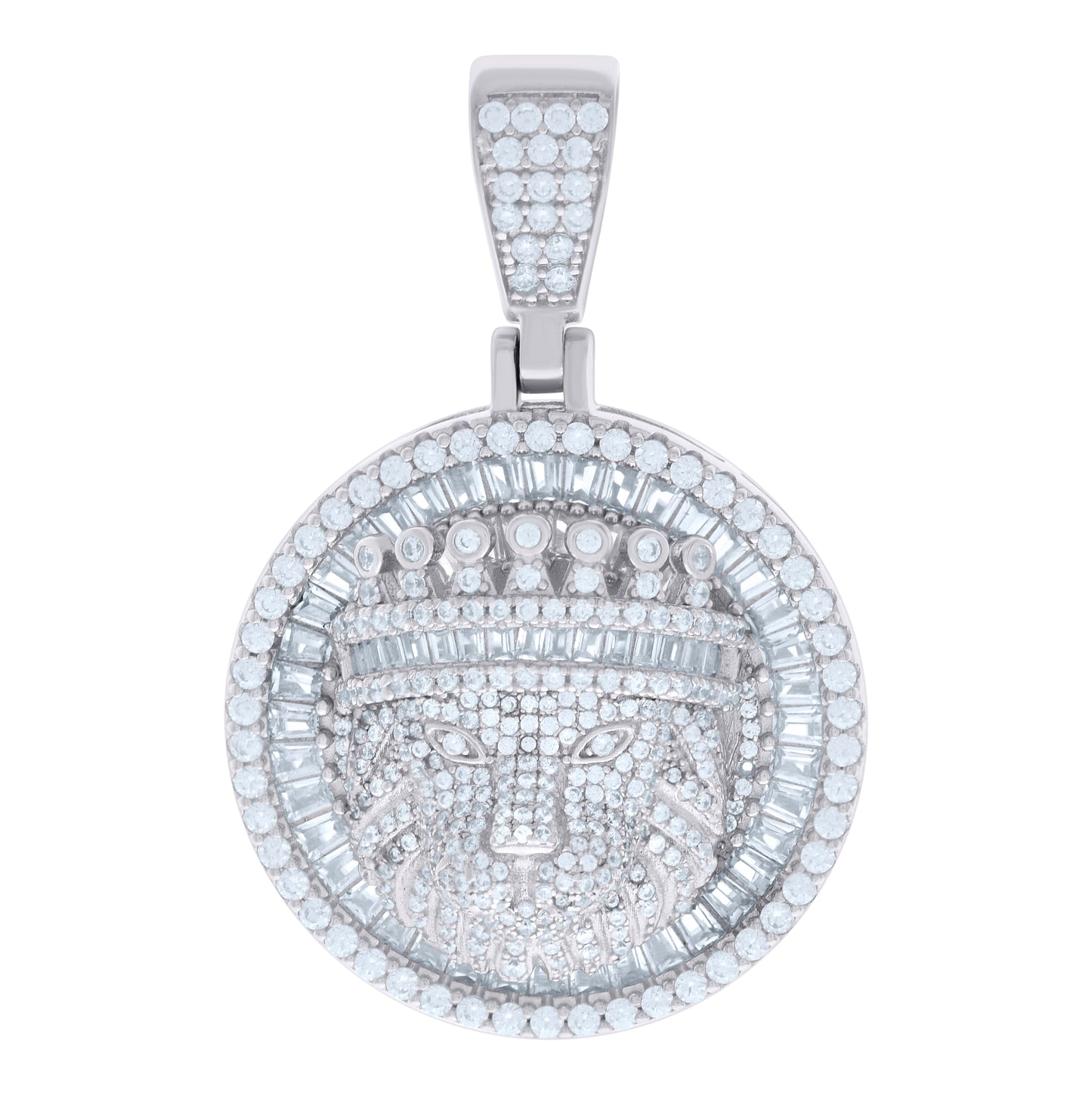 Sterling Silver Mens Baguette Round Cubic-Zirconia Lion Head Animal Wildlife Medallion Pendant
