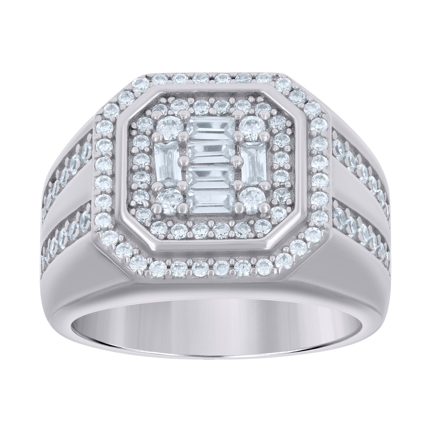 Sterling Silver Or Yellow-tone Mens Baguette Round Cubic-Zirconia Octagon Head Fashion Bridal Anniversary Wedding Engagement Band Ring
