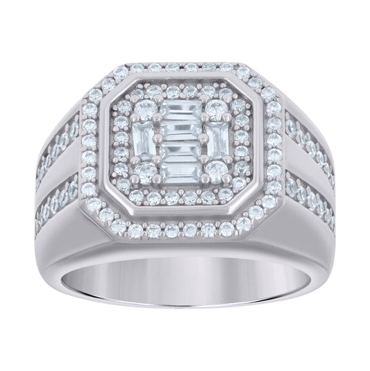 Sterling Silver Or Yellow-tone Mens Baguette Round Cubic-Zirconia Octagon Head Fashion Bridal Anniversary Wedding Engagement Band Ring
