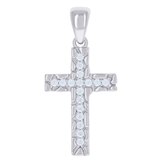 Sterling Silver Mens Cubic-Zirconia Nugget Cross Religious Charm Pendant