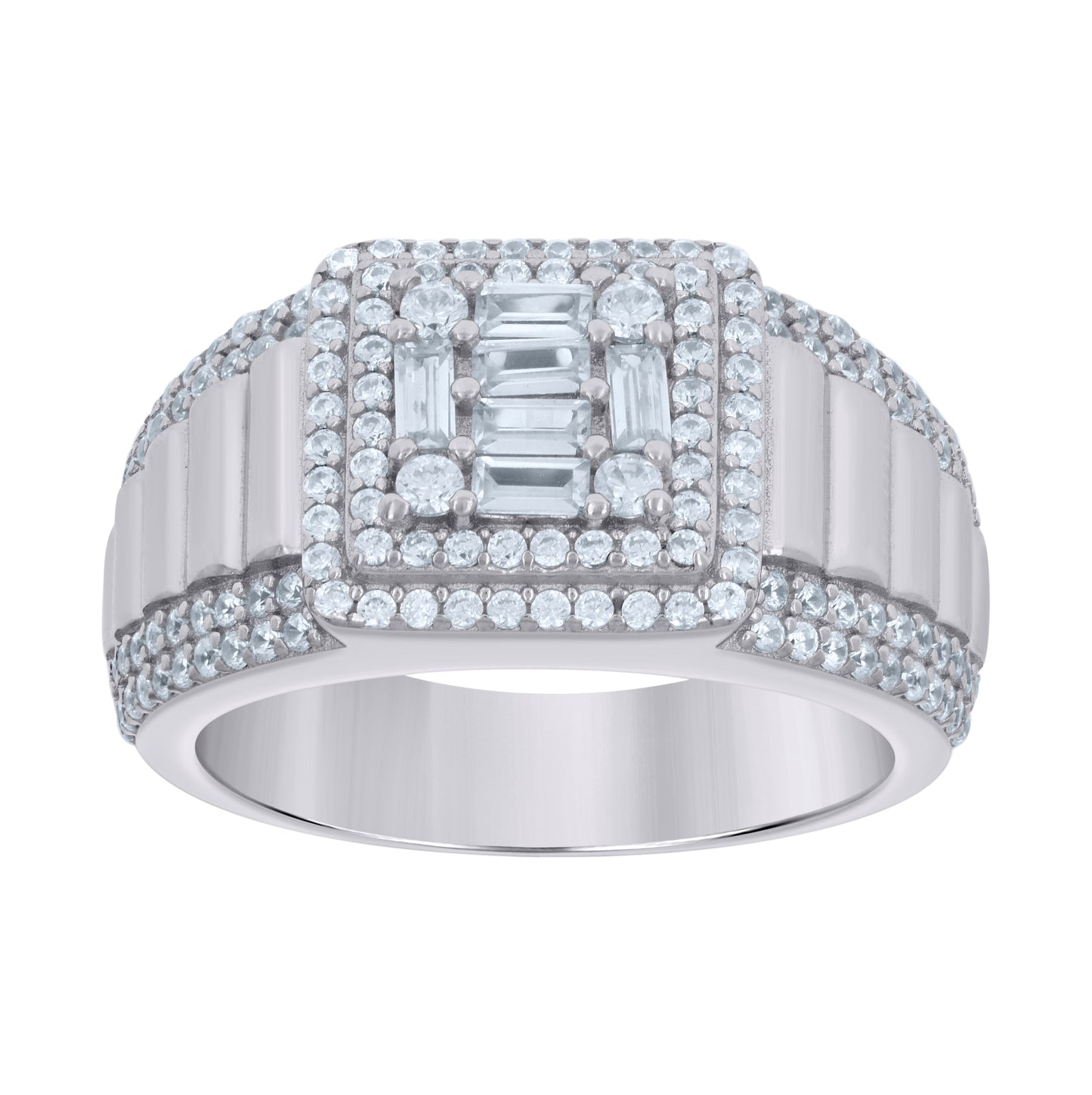 Sterling Silver Or Yellow-tone Mens Baguette Round Cubic-Zirconia Square Head Fashion Bridal Anniversary Wedding Engagement Band Ring