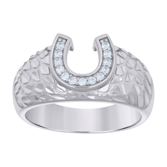 Sterling Silver Mens Cubic-Zirconia Horse Shoe Good Luck Ring Size 10