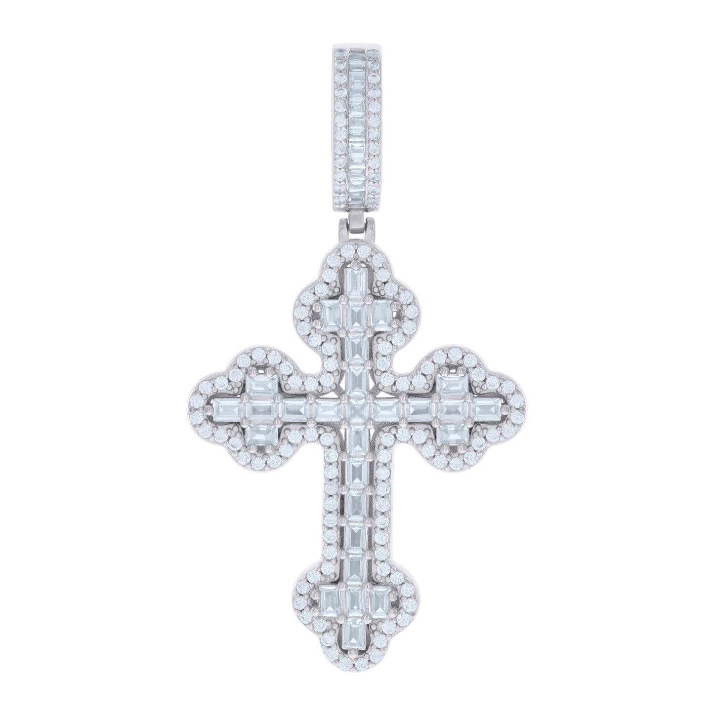 Sterling Silver Mens Baguette Round Cubic-Zirconia Cross Religious Charm Pendant