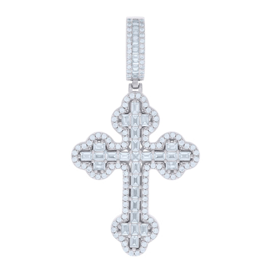 Sterling Silver Mens Baguette Round Cubic-Zirconia Cross Religious Charm Pendant