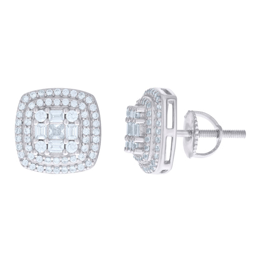Sterling Silver Womens Baguette Round Cubic-Zirconia Square Stud Earrings