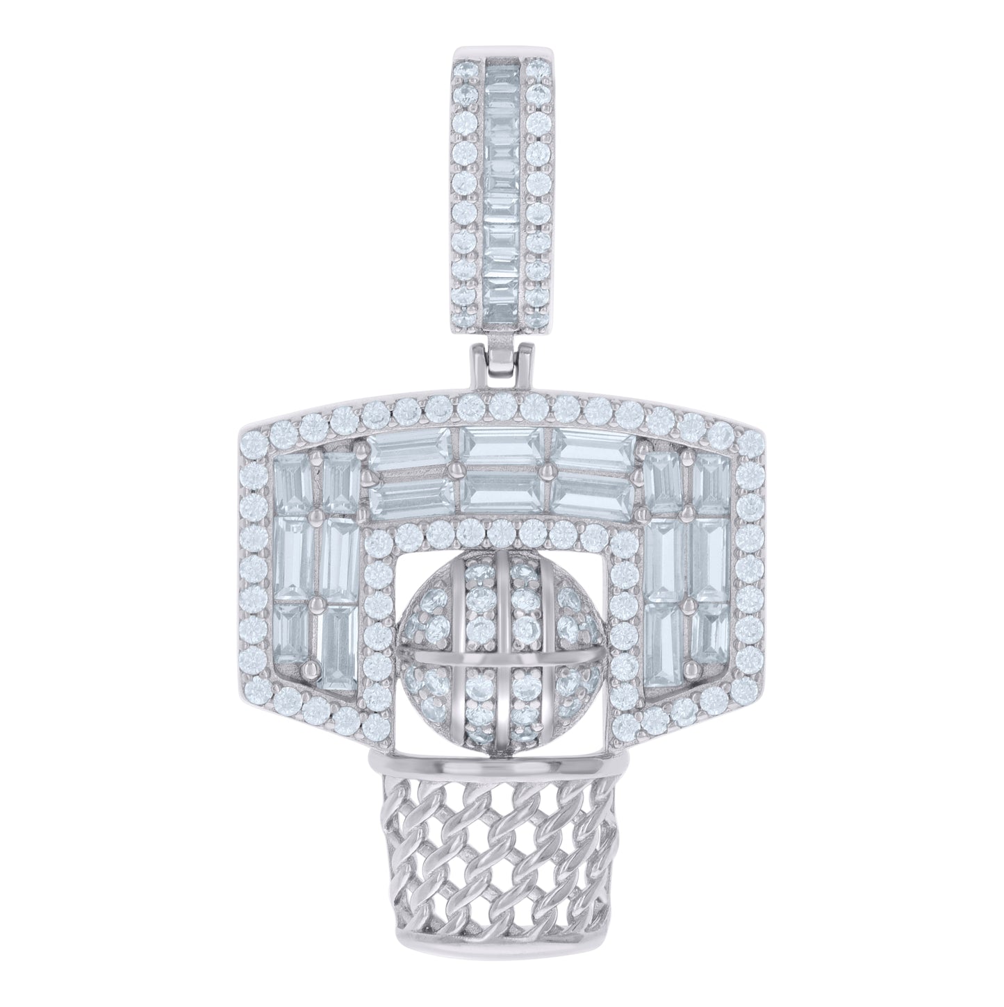 Sterling Silver Mens Baguette Round Cubic-Zirconia Basketball Sports Charm Pendant