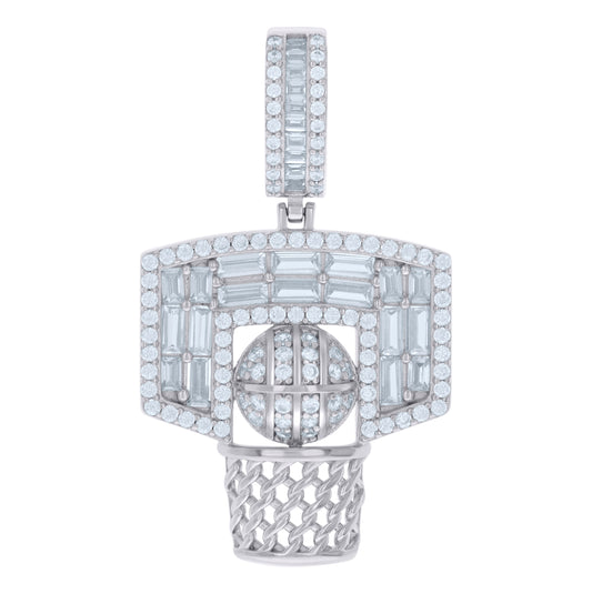 Sterling Silver Mens Baguette Round Cubic-Zirconia Basketball Sports Charm Pendant