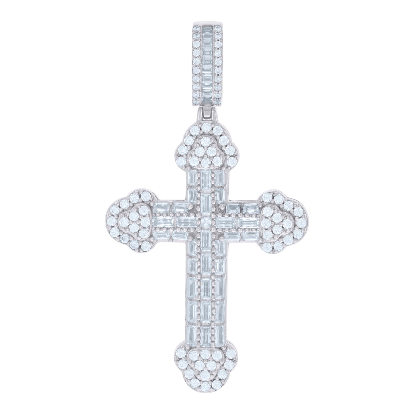 Sterling Silver Mens Baguette Round Cubic-Zirconia Cross Religious Charm Pendant