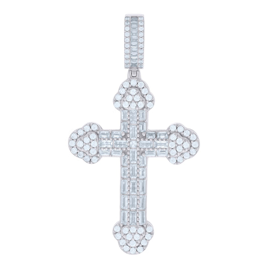 Sterling Silver Mens Baguette Round Cubic-Zirconia Cross Religious Charm Pendant