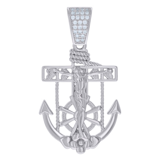Sterling Silver Mens Cubic-Zirconia Anchor Crucifix Religious Charm Pendant