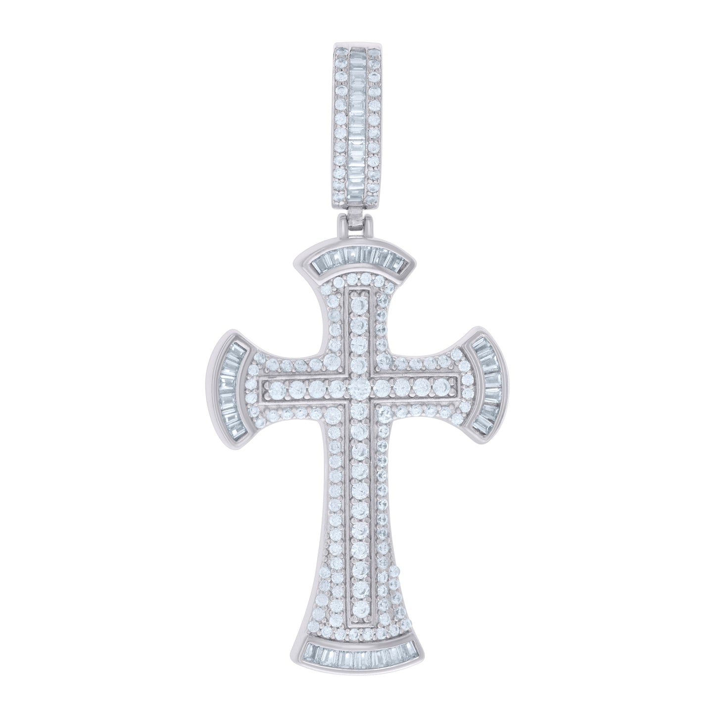 Sterling Silver Mens Baguette Round Cubic-Zirconia Cross Religious Charm Pendant
