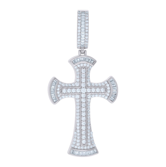 Sterling Silver Mens Baguette Round Cubic-Zirconia Cross Religious Charm Pendant