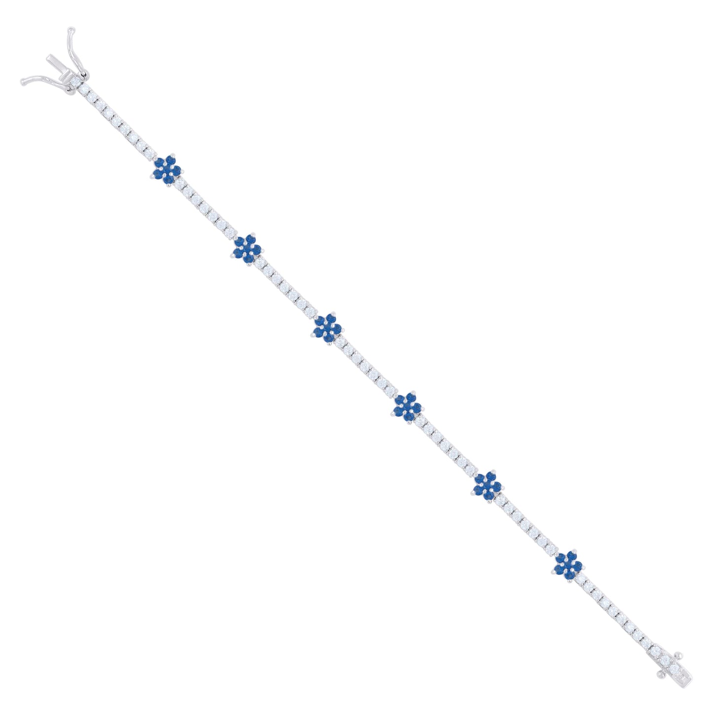 Sterling Silver Womens Blue White Cubic-Zirconia Flower Fashion Link Bracelet 7