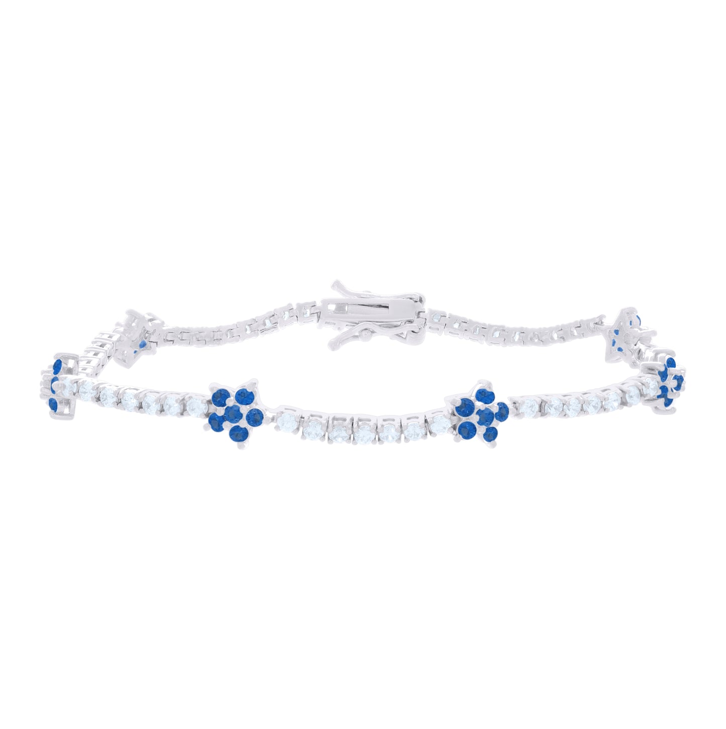 Sterling Silver Womens Blue White Cubic-Zirconia Flower Fashion Link Bracelet 7