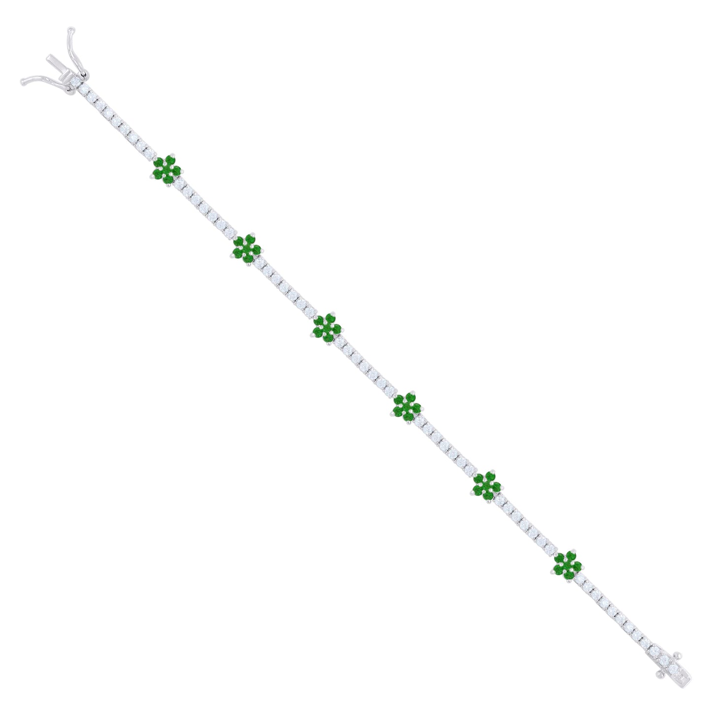Sterling Silver Womens Green White Cubic-Zirconia Flower Fashion Link Bracelet 7.25
