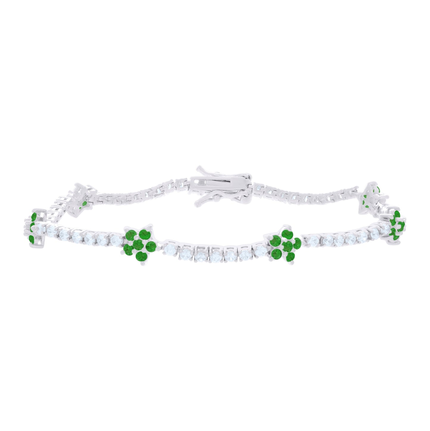 Sterling Silver Womens Green White Cubic-Zirconia Flower Fashion Link Bracelet 7.25