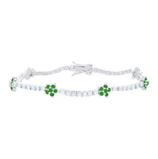 Sterling Silver Womens Green White Cubic-Zirconia Flower Fashion Link Bracelet 7.25