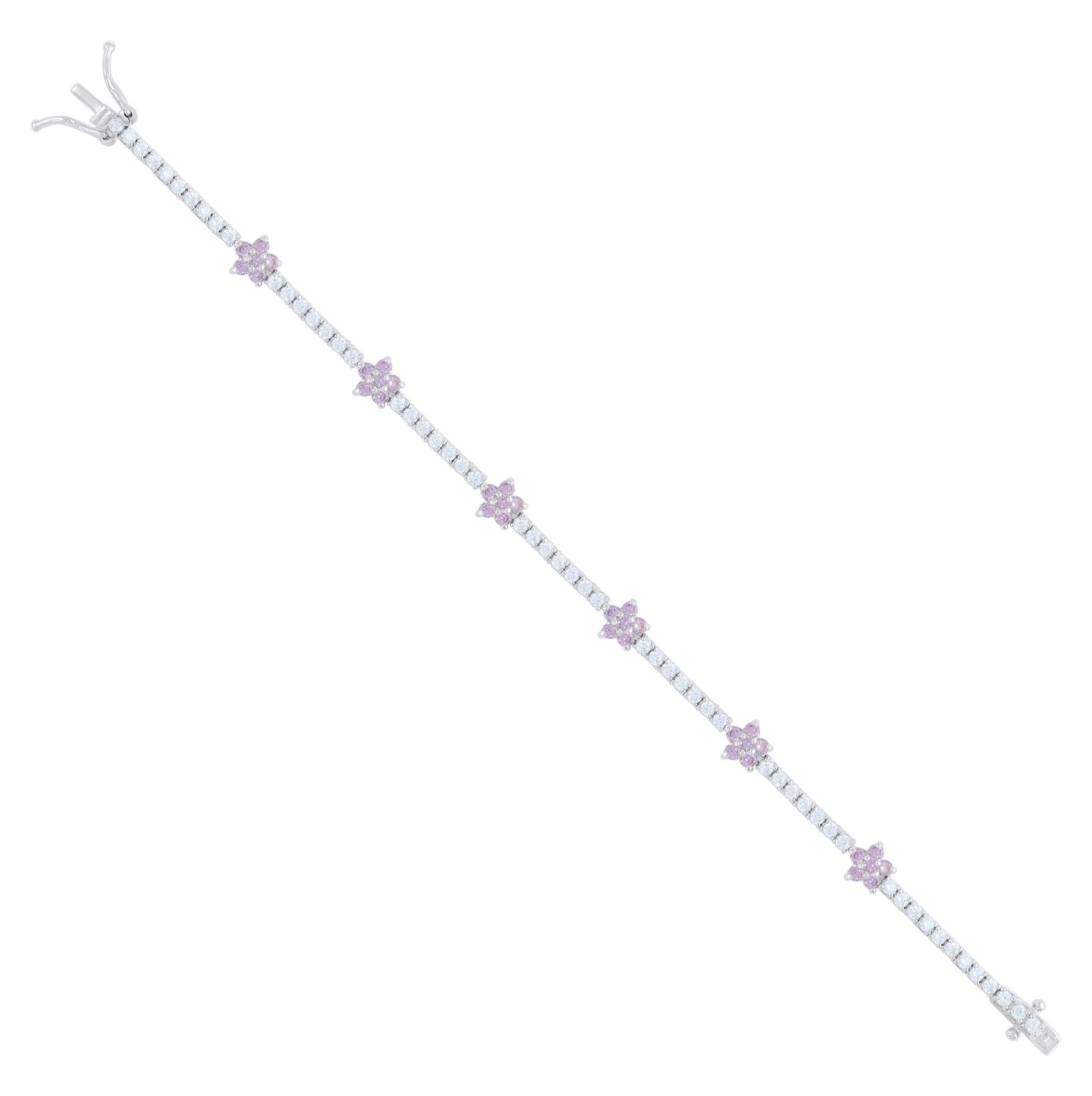 Sterling Silver Womens Light Pink White Cubic-Zirconia Flower Fashion Link Bracelet 7.25