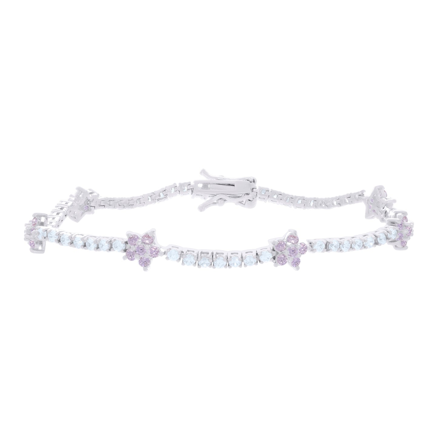 Sterling Silver Womens Light Pink White Cubic-Zirconia Flower Fashion Link Bracelet 7.25