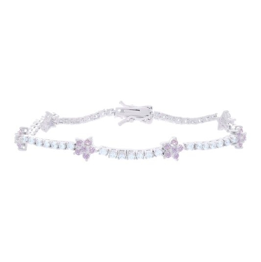 Sterling Silver Womens Light Pink White Cubic-Zirconia Flower Fashion Link Bracelet 7.25