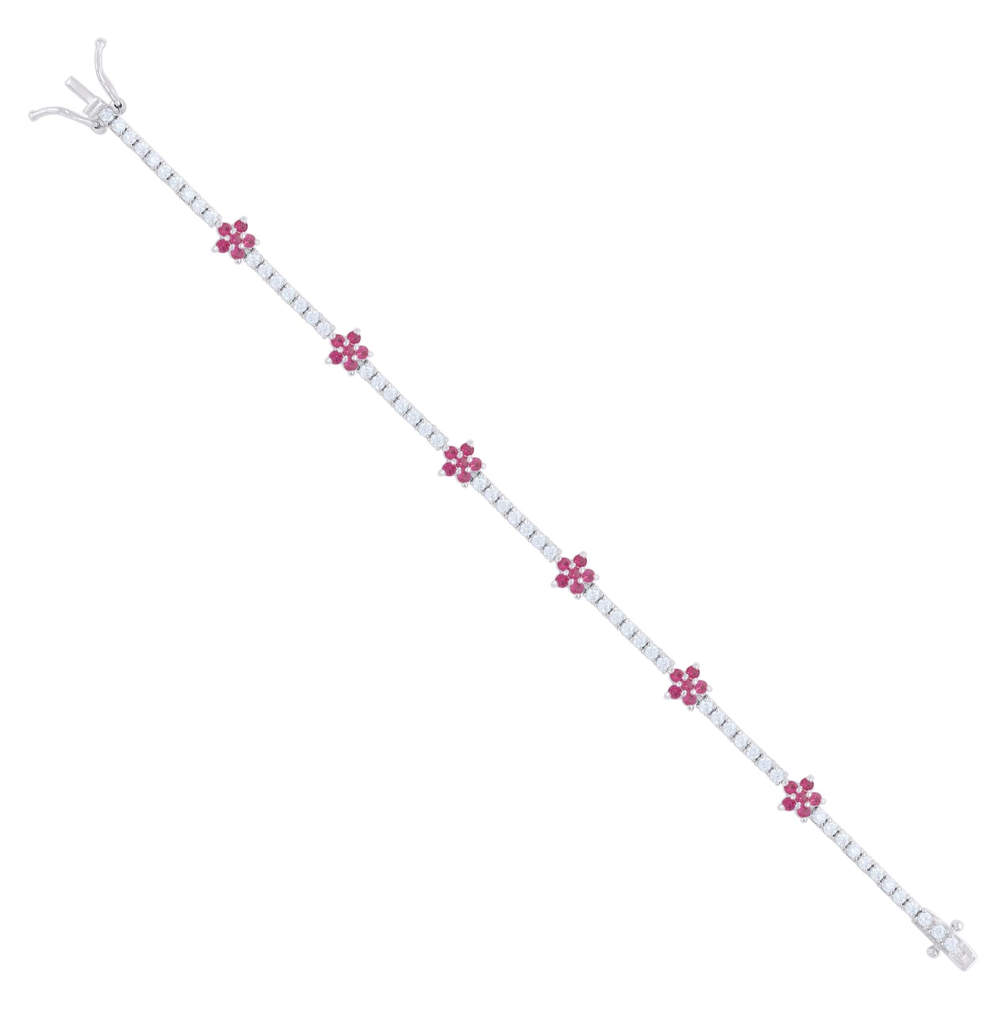 Sterling Silver Womens Red White Cubic-Zirconia Flower Fashion Link Bracelet 7.25