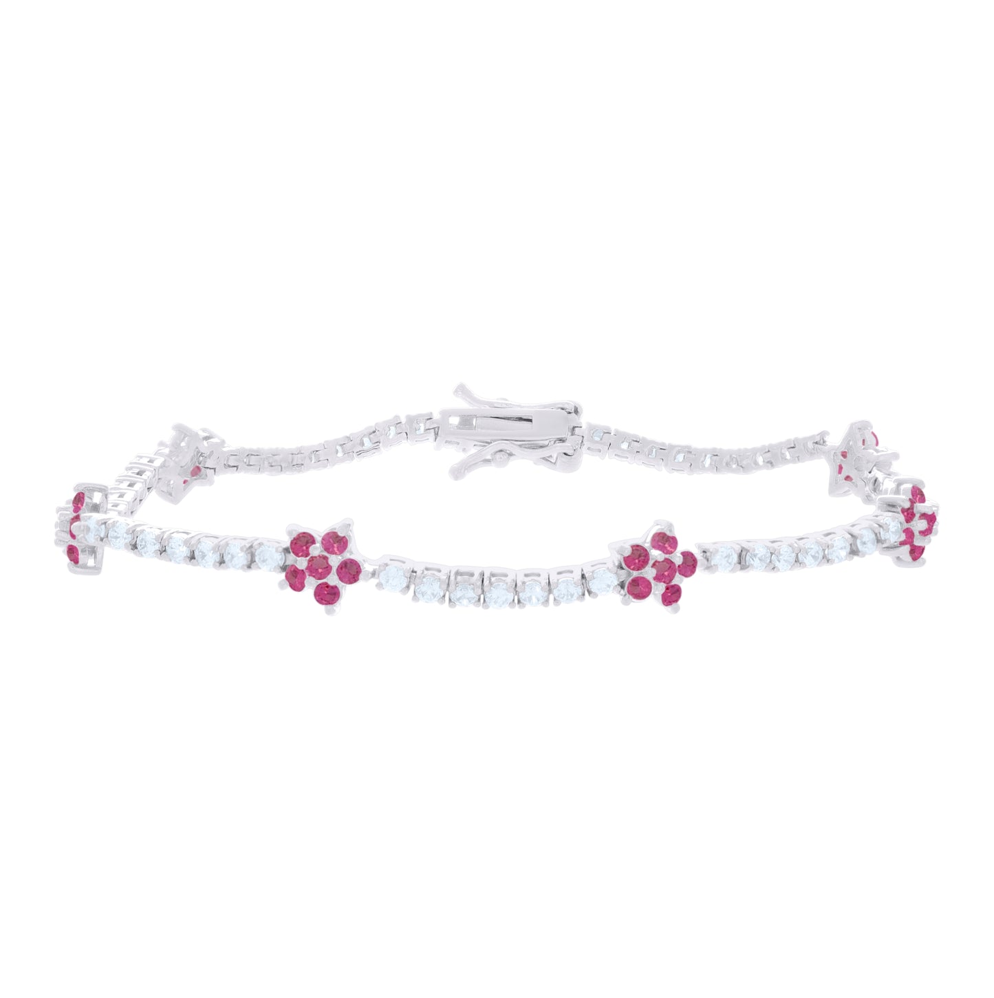 Sterling Silver Womens Red White Cubic-Zirconia Flower Fashion Link Bracelet 7.25