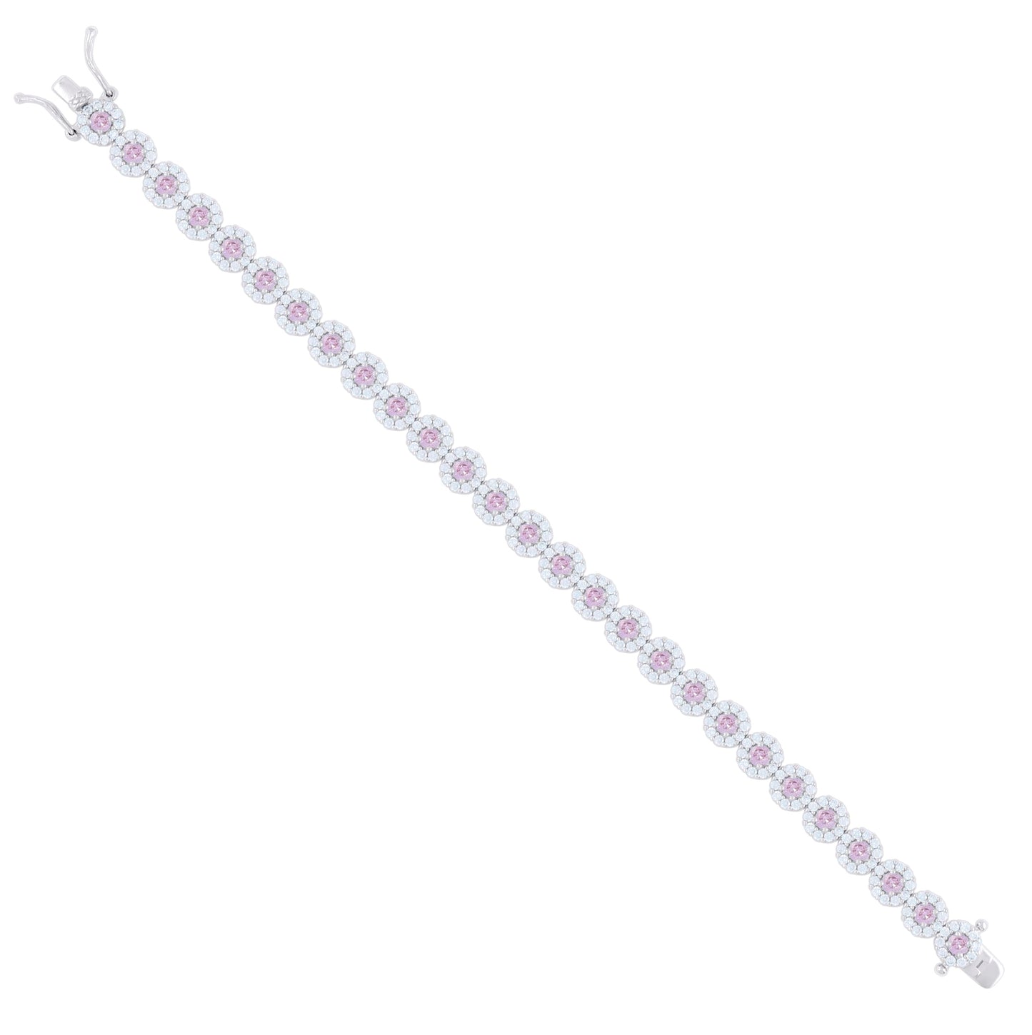 Sterling Silver Womens Light Pink White Cubic-Zirconia Flower Fashion Link Bracelet 7