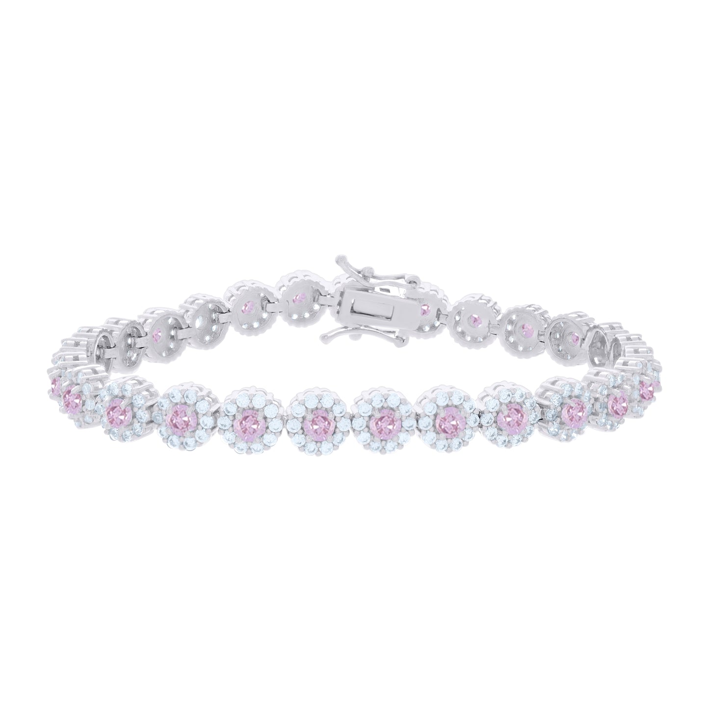 Sterling Silver Womens Light Pink White Cubic-Zirconia Flower Fashion Link Bracelet 7