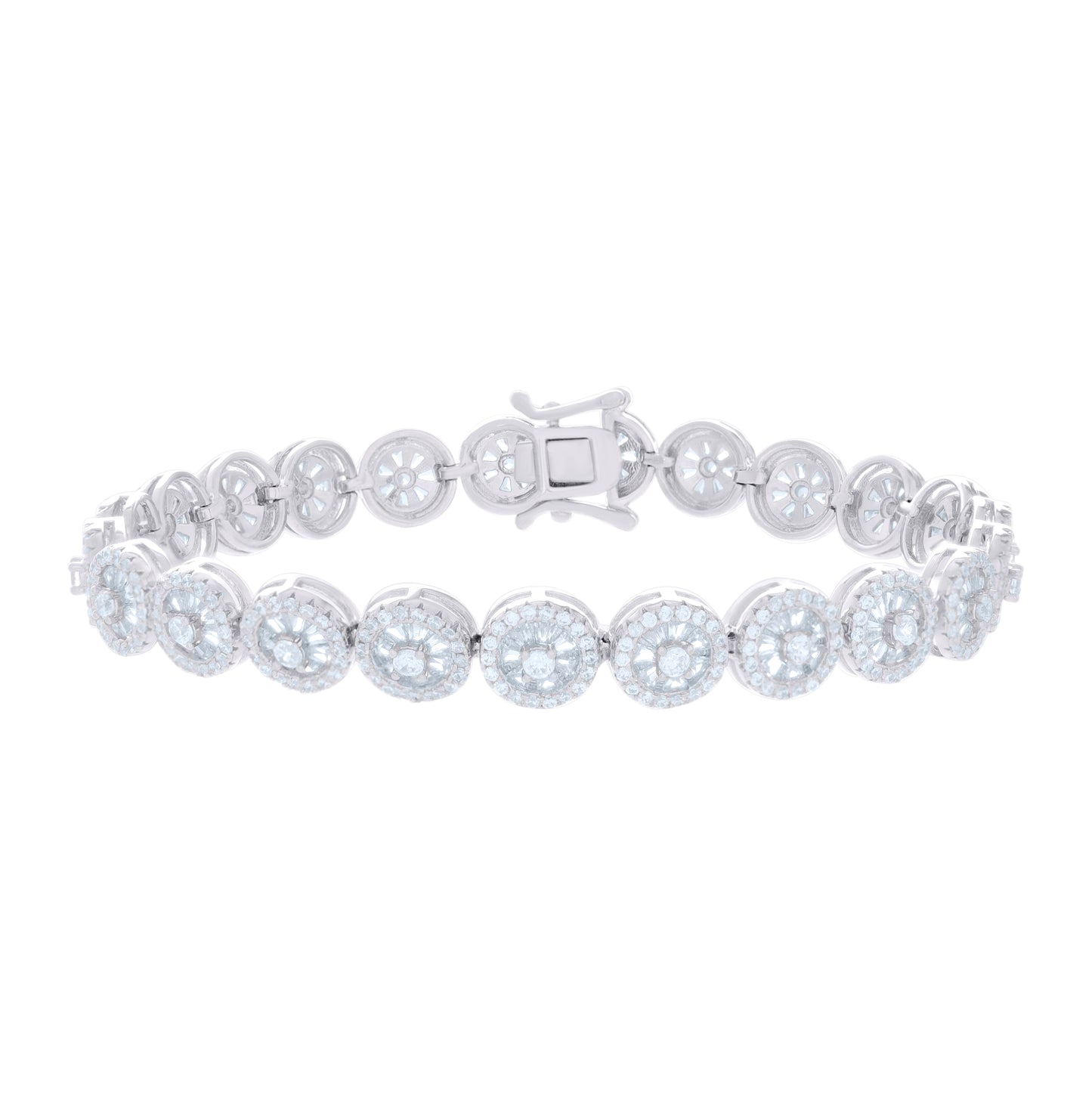 Sterling Silver Womens Baguette Round Cubic-Zirconia Fashion Link Bracelet 7