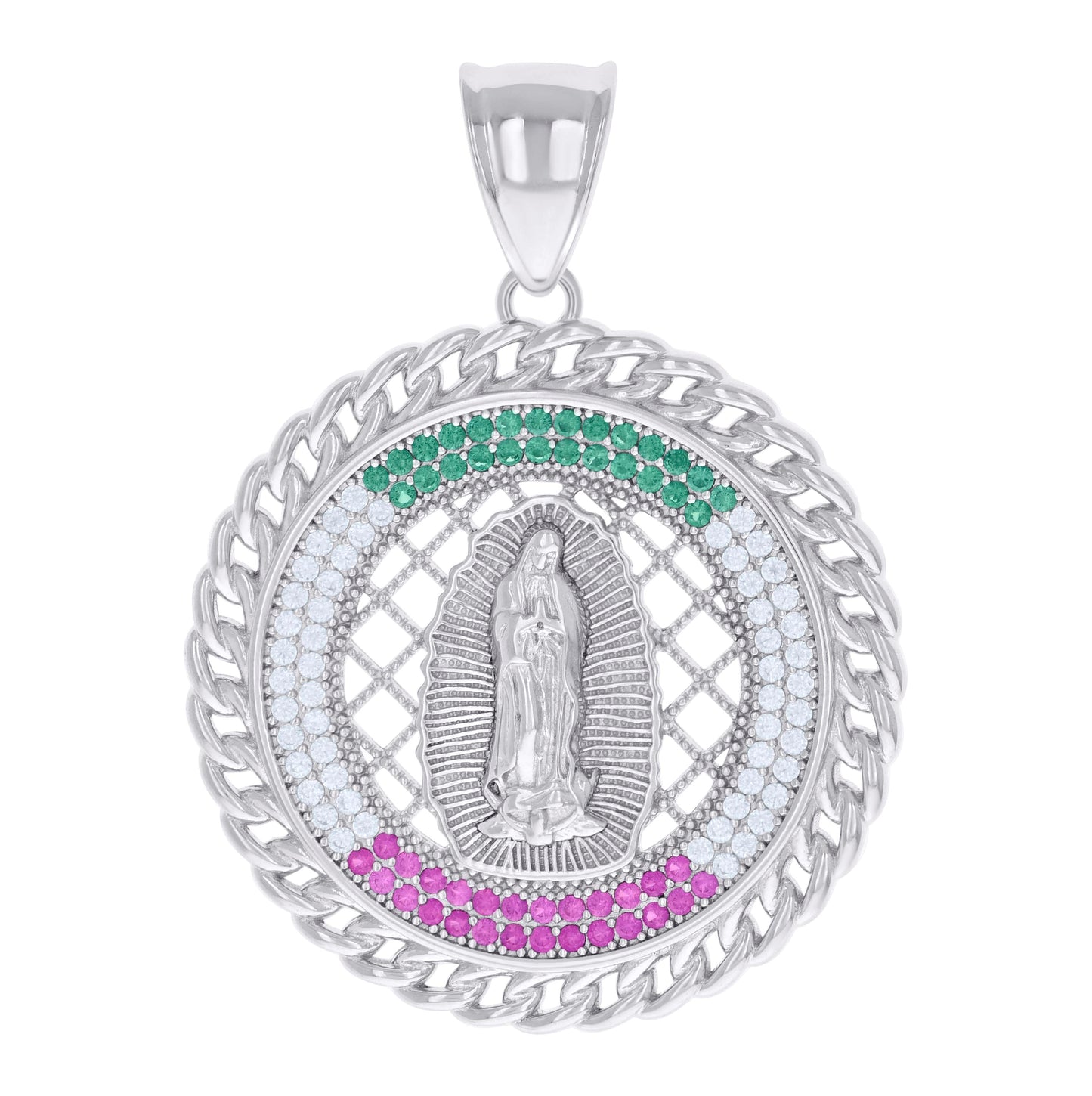 Sterling Silver Mens Pink/Green White Cubic-Zirconia Medallion Guadalupe Religious Charm Pendant