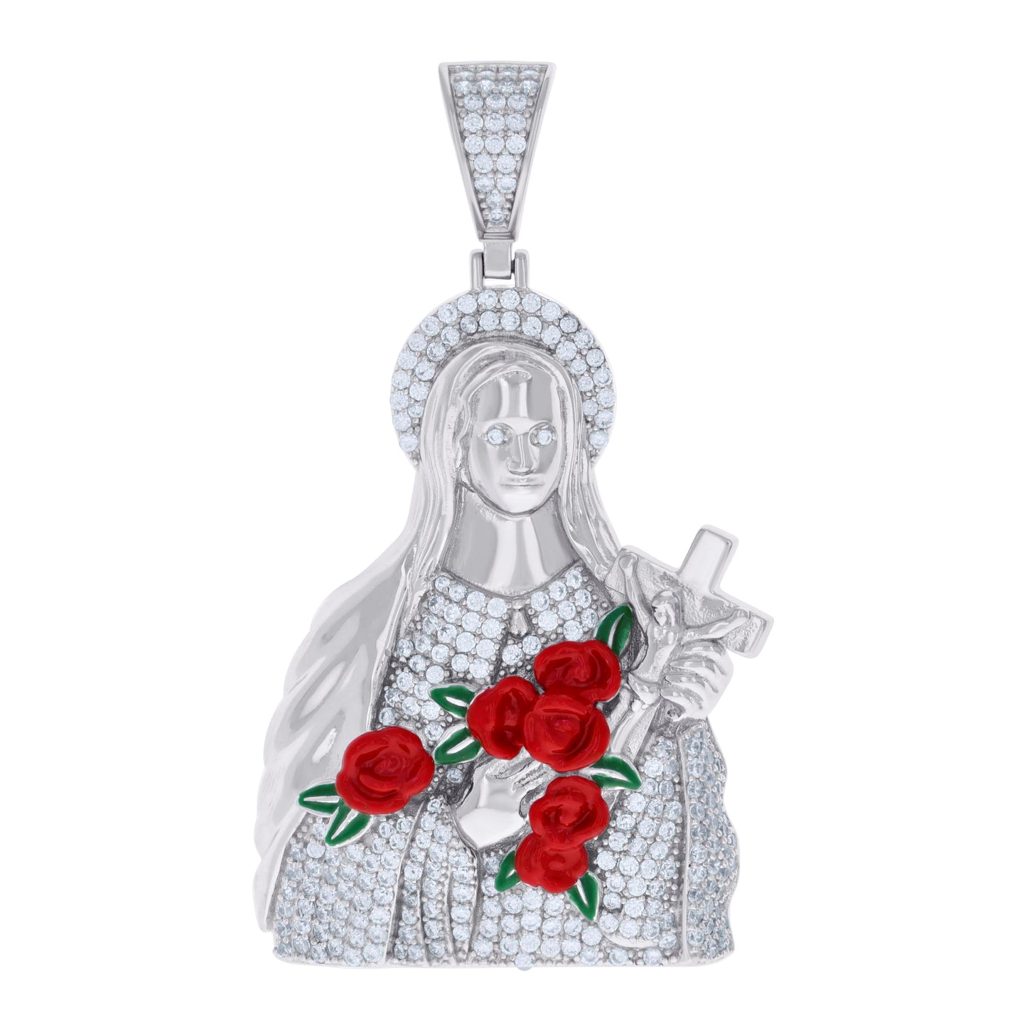 Sterling Silver Unisex Cubic-Zirconia Enameled Crucifix Virgin Mary/Guadalupe Religious Charm Pendant