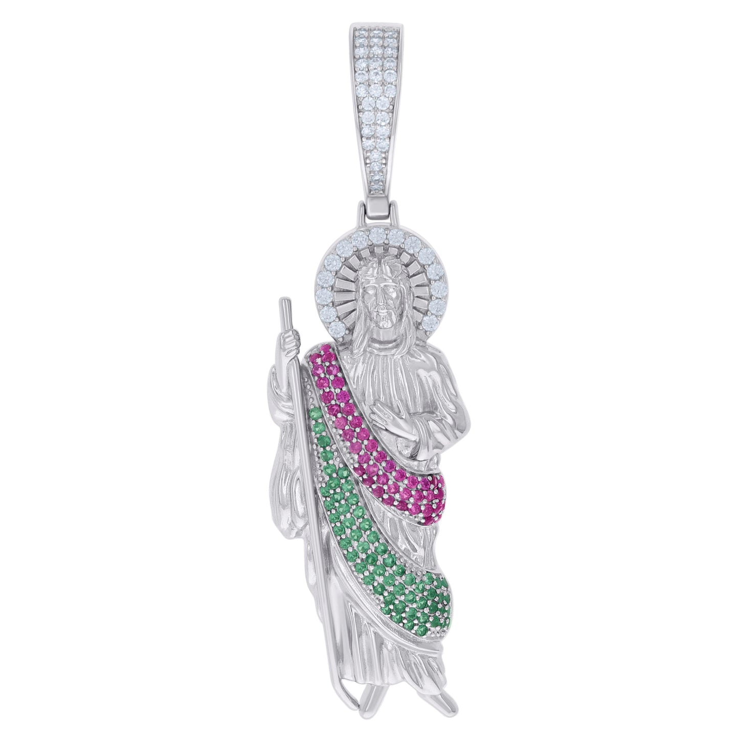 Sterling Silver Mens Pink/Green White Cubic-Zirconia St. Jude Saints Religious Charm Pendant