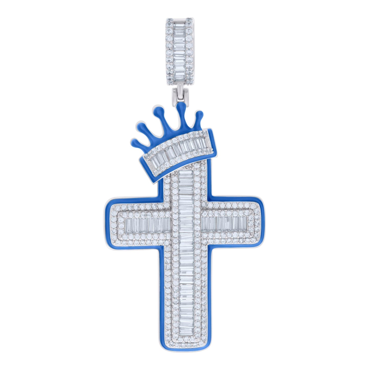 Sterling Silver Mens Baguette Round Cubic-Zirconia Blue Enamel Crown Cross Religious Charm Pendant