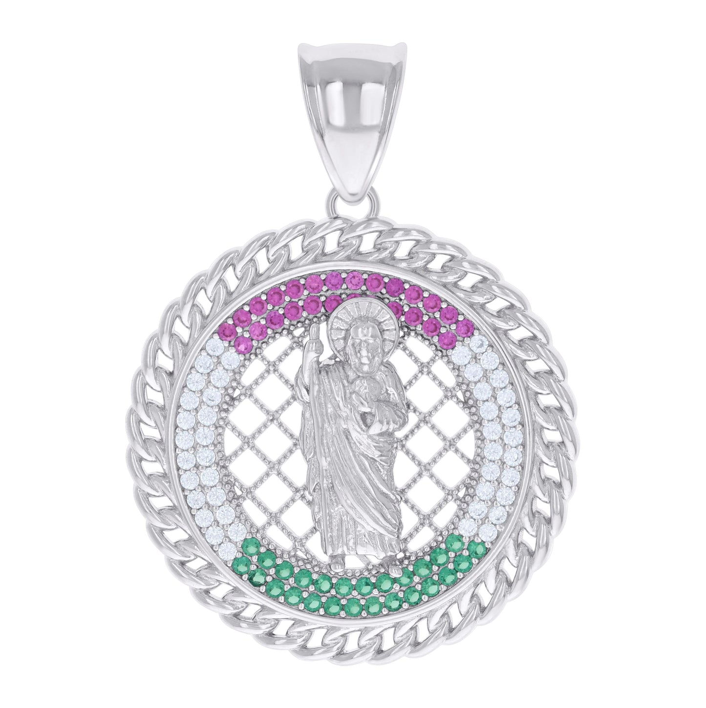 Sterling Silver Mens Pink/Green White Cubic-Zirconia St. Jude Saints Religious Charm Pendant