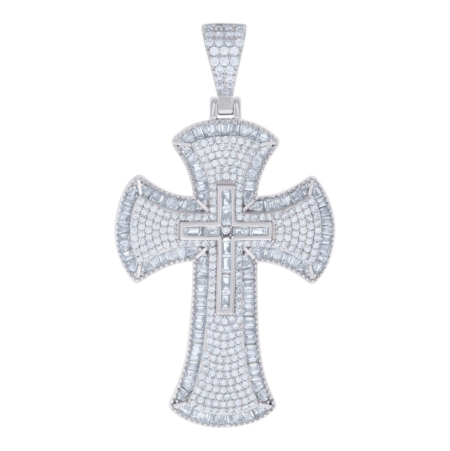 Sterling Silver Mens Baguette Round Cubic-Zirconia Cross Religious Charm Pendant
