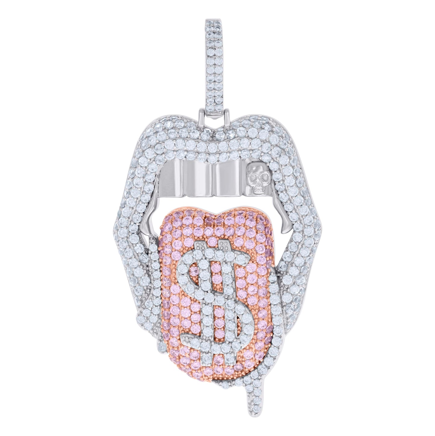 Sterling Silver Rose-tone Womens White Pink Cubic-Zirconia Sexy Mouth Dollar Tongue Currency Charm Pendant