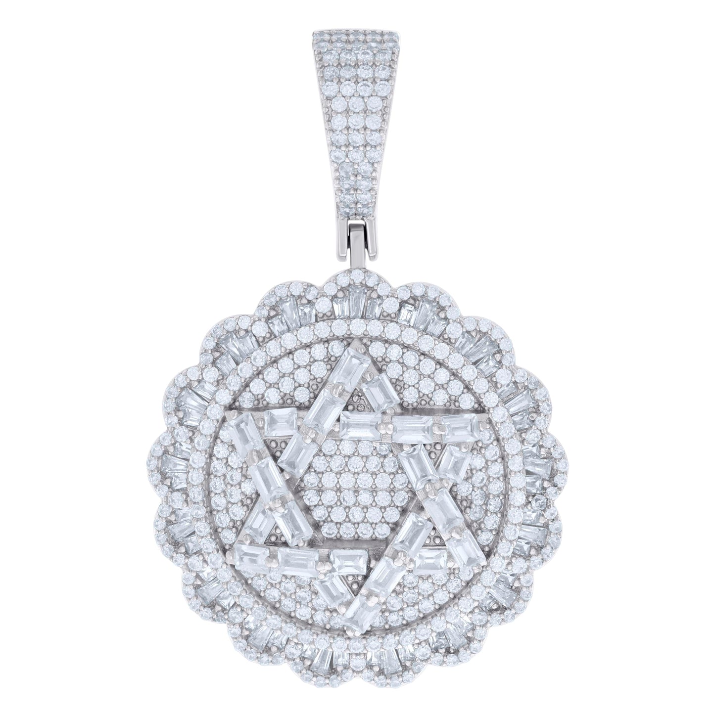 Sterling Silver Mens Baguette Round Cubic-Zirconia Star Of David Symbol Religious Charm Pendant