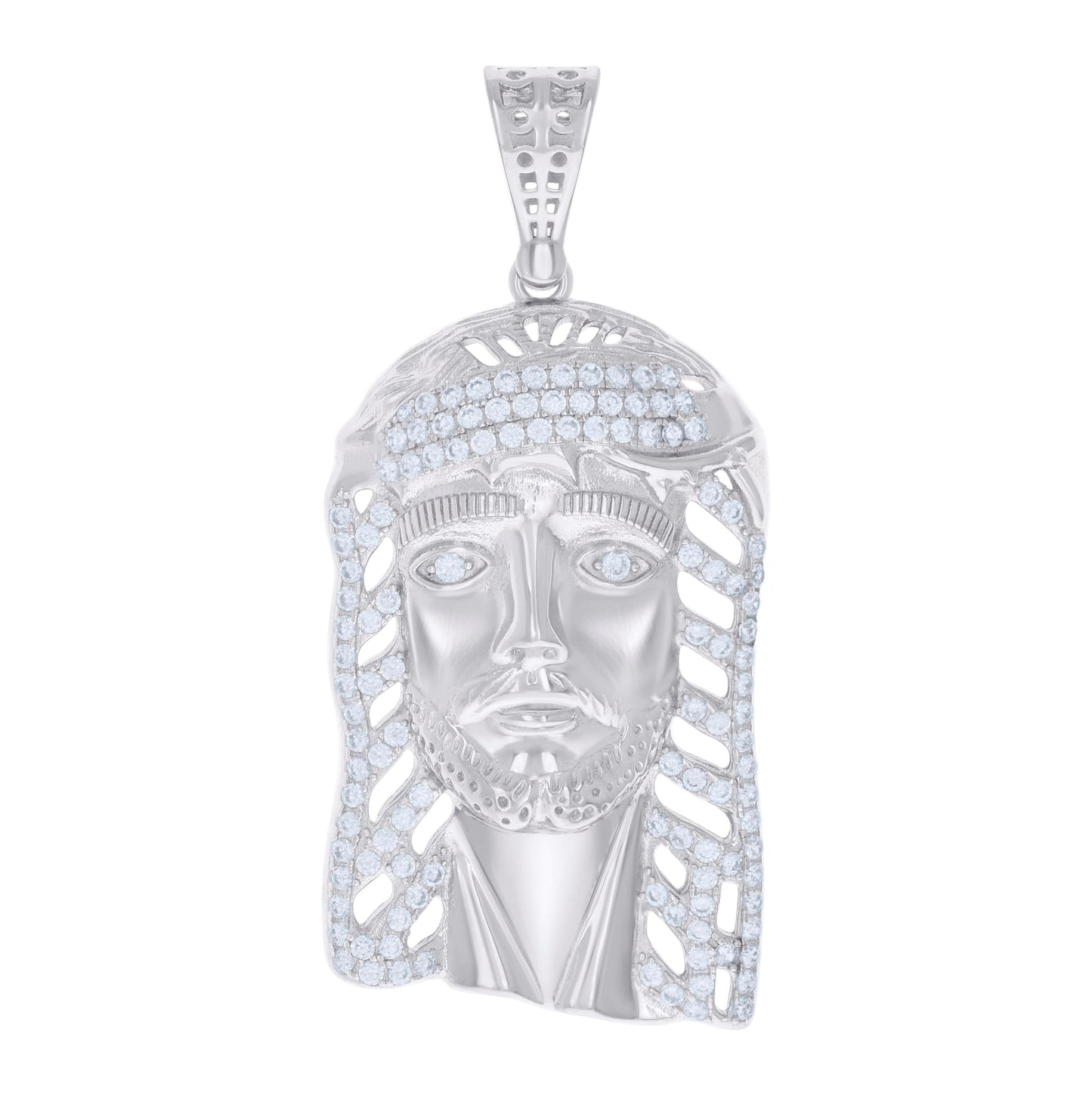 Sterling Silver Mens Round Cubic-Zirconia Jesus Religious Charm Pendant