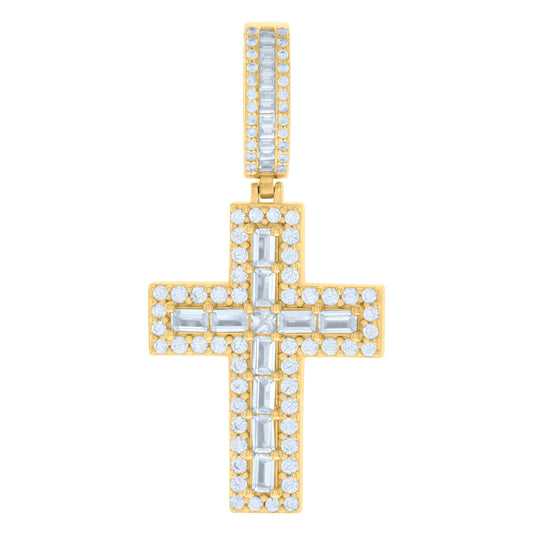 Sterling Silver Yellow-tone Mens Baguette Round Cubic-Zirconia Cross Religious Charm Pendant