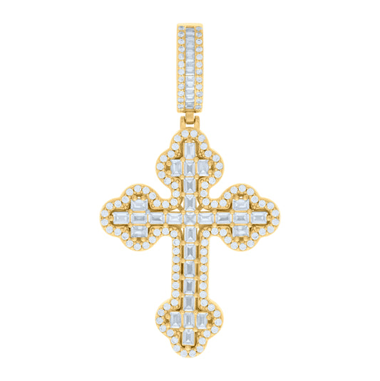 Sterling Silver Yellow-tone Mens Baguette Round Cubic-Zirconia Cross Religious Charm Pendant
