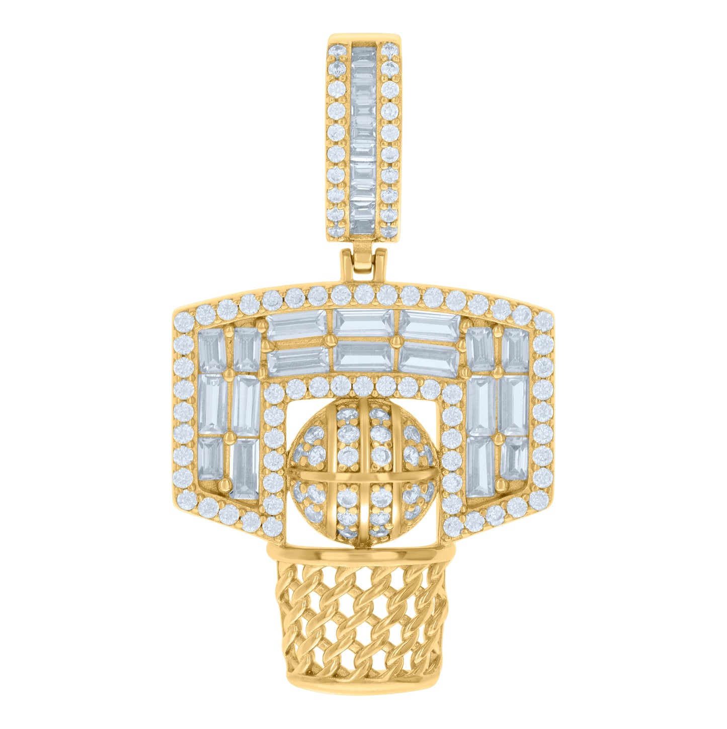 Sterling Silver Yellow-tone Mens Baguette Round Cubic-Zirconia Basketball Sports Charm Pendant